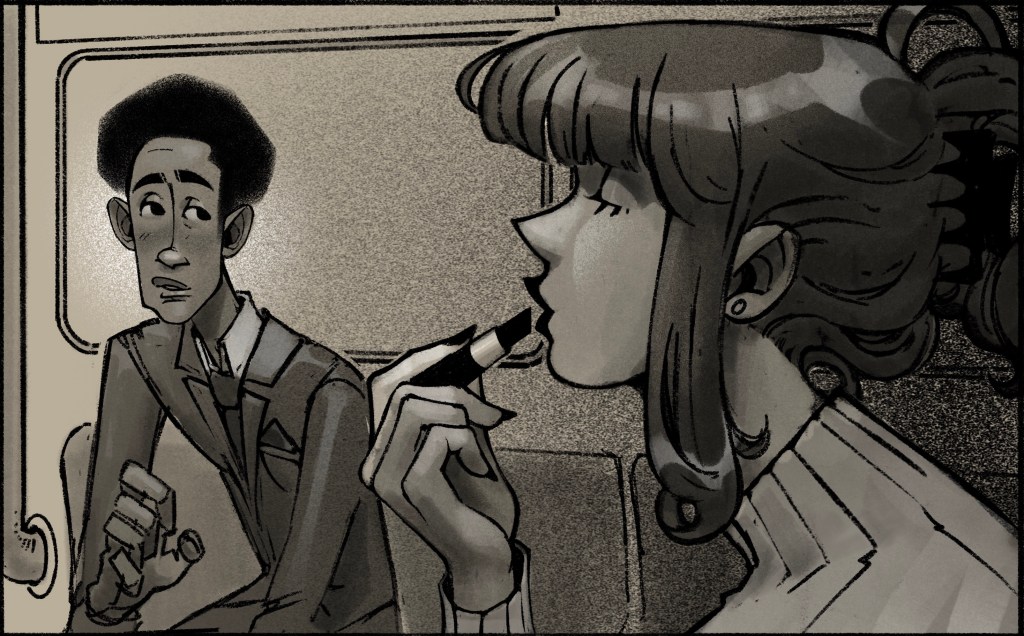 man watching woman apply lipstick